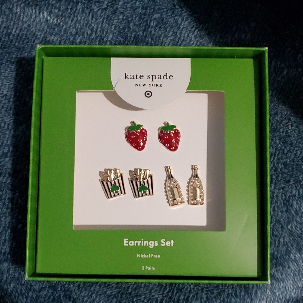 Kate Spade x Target 3 Pairs Of Earrings Starwberry, French Fry, Champagne